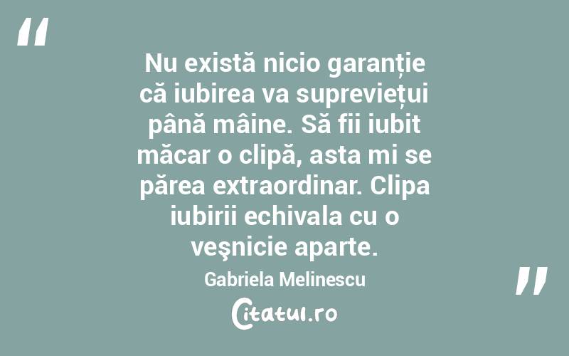 Nu există nicio garanţie că iubirea va suprevieţui până mâine. Să fii iubit măcar o clipă, asta mi se părea extraordinar. Clipa iubirii echivala cu o veşnicie aparte. Gabriela Melinescu
