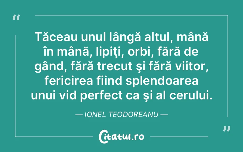 Tăceau unul lângă altul, mână în mână, lipiţi, orbi, fără de gând, fără trecut şi fără viitor, fericirea fiind splendoarea unui vid perfect ca şi al cerului. Ionel Teodoreanu