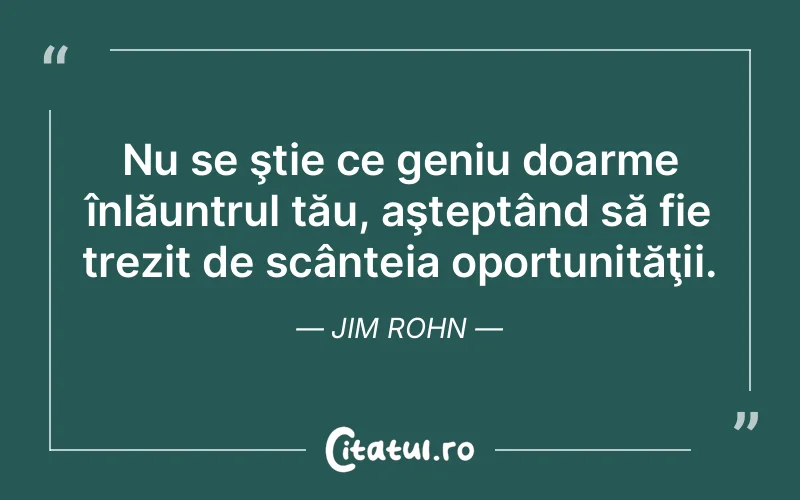 Nu se ştie ce geniu doarme înlăuntrul tău, aşteptând să fie trezit de scânteia oportunităţii. Jim Rohn