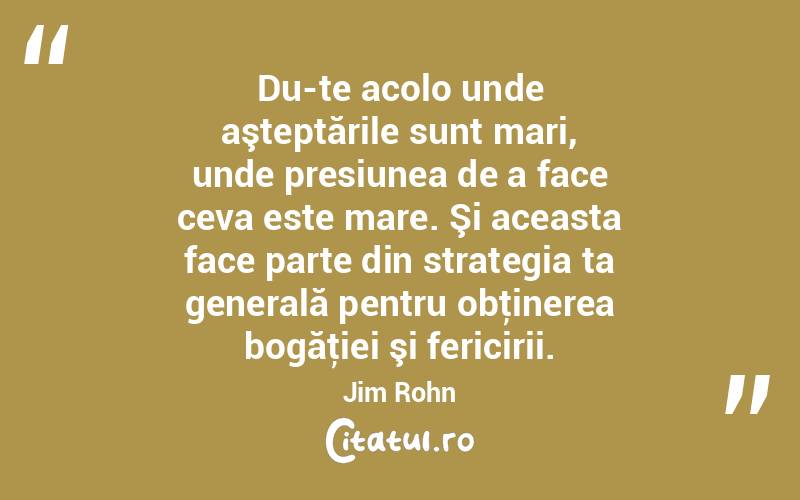 Du-te acolo unde aşteptările sunt mari, unde presiunea de a face ceva este mare. Şi aceasta face parte din strategia ta generală pentru obţinerea bogăţiei şi fericirii. Jim Rohn