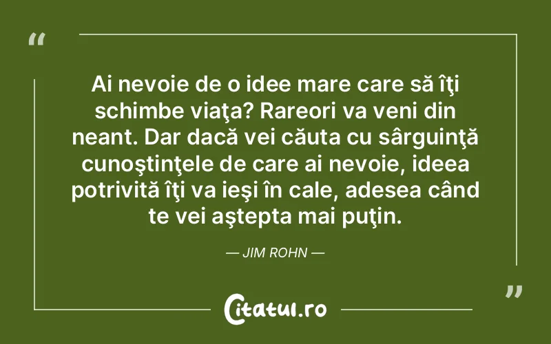 Ai nevoie de o idee mare care să îţi schimbe viaţa? Rareori va veni din neant. Dar dacă vei căuta cu sârguinţă cunoştinţele de care ai nevoie, ideea potrivită îţi va ieşi în cale, adesea când te vei aştepta mai puţin. Jim Rohn