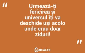 Urmează-ţi fericirea şi universul îţi va deschide uşi acolo unde erau doar ziduri!...