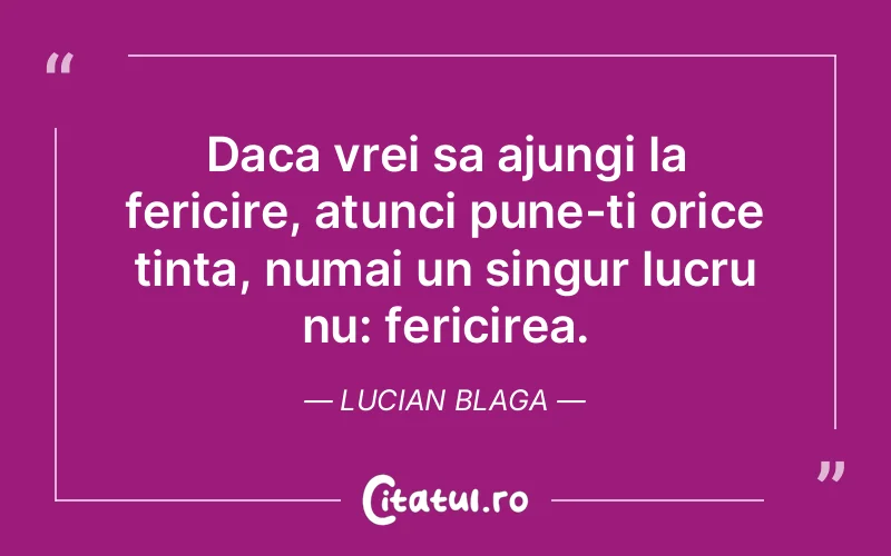 Daca vrei sa ajungi la fericire, atunci pune-ti orice tinta, numai un singur lucru nu: fericirea. Lucian Blaga