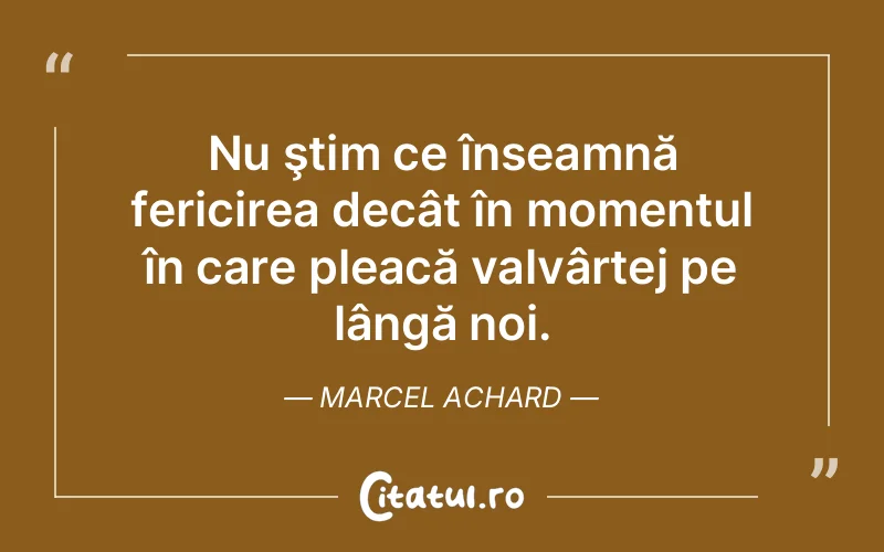 Nu ştim ce înseamnă fericirea decât în momentul în care pleacă valvârtej pe lângă noi. Marcel Achard
