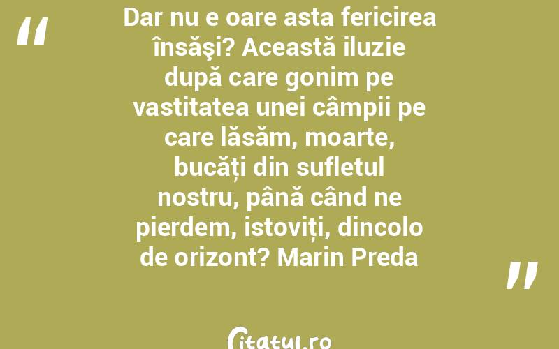 Dar nu e oare asta fericirea însăşi? Această iluzie după care gonim pe vastitatea unei câmpii pe care lăsăm, moarte, bucăţi din sufletul nostru, până când ne pierdem, istoviţi, dincolo de orizont? Marin Preda