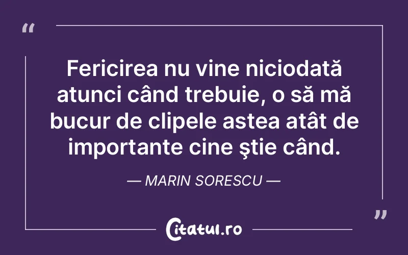 Fericirea nu vine niciodată atunci când trebuie, o să mă bucur de clipele astea atât de importante cine ştie când. Marin Sorescu