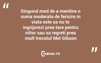Singurul mod de a mentine o suma moderata de fericire in viata este sa nu te ingrijorezi prea tare pentru viitor sau sa regreti prea mult trecutul Mel Gibson...
