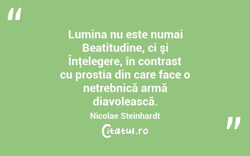 Lumina nu este numai Beatitudine, ci şi Înţelegere, în contrast cu prostia din care face o netrebnică armă diavolească. Nicolae Steinhardt