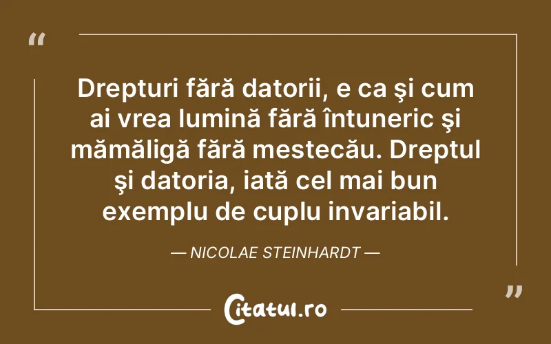 Drepturi fără datorii, e ca şi cum ai vrea lumină fără întuneric şi mămăligă fără mestecău. Dreptul şi datoria, iată cel mai bun exemplu de cuplu invariabil. Nicolae Steinhardt