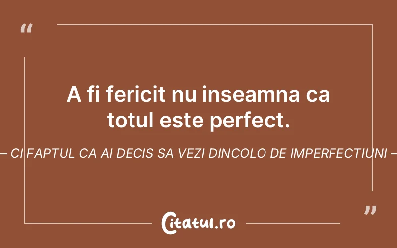 A fi fericit nu inseamna ca totul este perfect. Ci faptul ca ai decis sa vezi dincolo de imperfectiuni