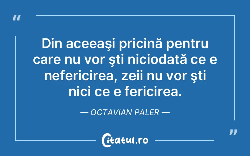 Din aceeaşi pricină pentru care nu vor şti niciodată ce e nefericirea, zeii nu vor şti nici ce e fericirea. Octavian Paler
