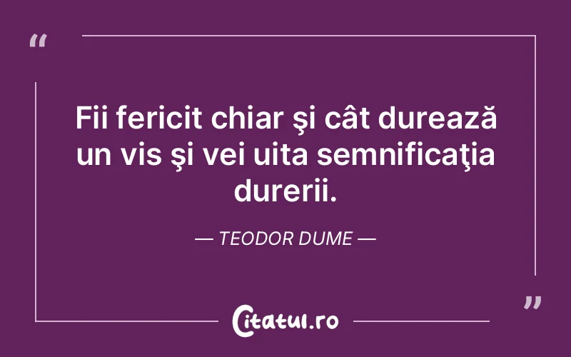 Fii fericit chiar şi cât durează un vis şi vei uita semnificaţia durerii. Teodor Dume