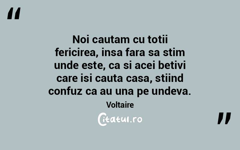 Noi cautam cu totii fericirea, insa fara sa stim unde este, ca si acei betivi care isi cauta casa, stiind confuz ca au una pe undeva. Voltaire