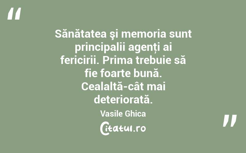 Sănătatea şi memoria sunt principalii agenţi ai fericirii. Prima trebuie să fie foarte bună. Cealaltă-cât mai deteriorată. Vasile Ghica
