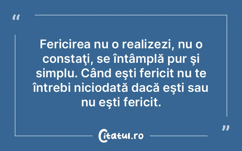 Fericirea nu o realizezi, nu o constaţi, se întâmplă pur şi simplu. Când eşti fericit nu te întrebi niciodată dacă eşti sau nu eşti fericit.