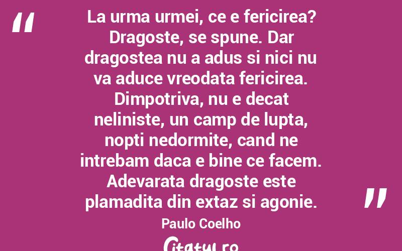 La urma urmei, ce e fericirea? Dragoste, se spune. Dar dragostea nu a adus si nici nu va aduce vreodata fericirea. Dimpotriva, nu e decat neliniste, un camp de lupta, nopti nedormite, cand ne intrebam daca e bine ce facem. Adevarata dragoste este plamadita din extaz si agonie. Paulo Coelho
