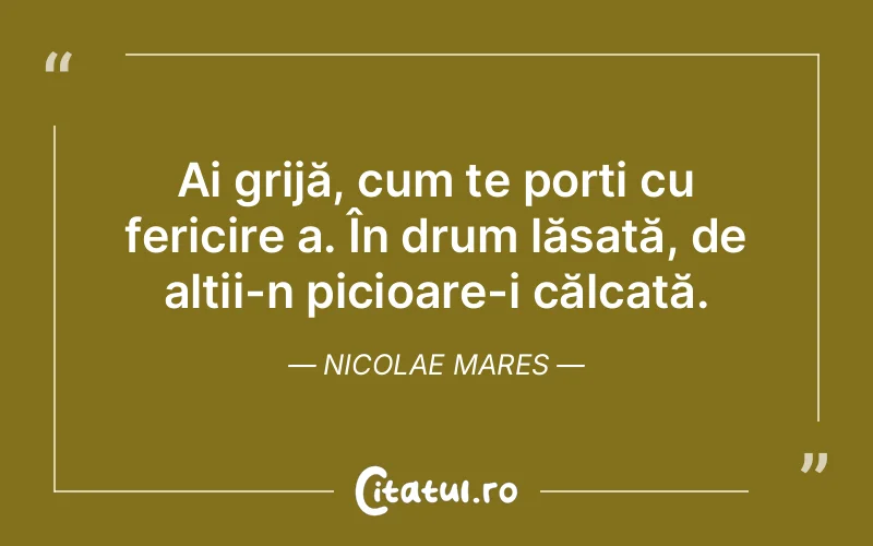 Ai grijă, cum te porți cu fericire a. În drum lăsată, de alții-n picioare-i călcată. Nicolae Mares