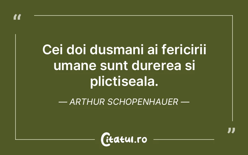 Cei doi dusmani ai fericirii umane sunt durerea si plictiseala. Arthur Schopenhauer
