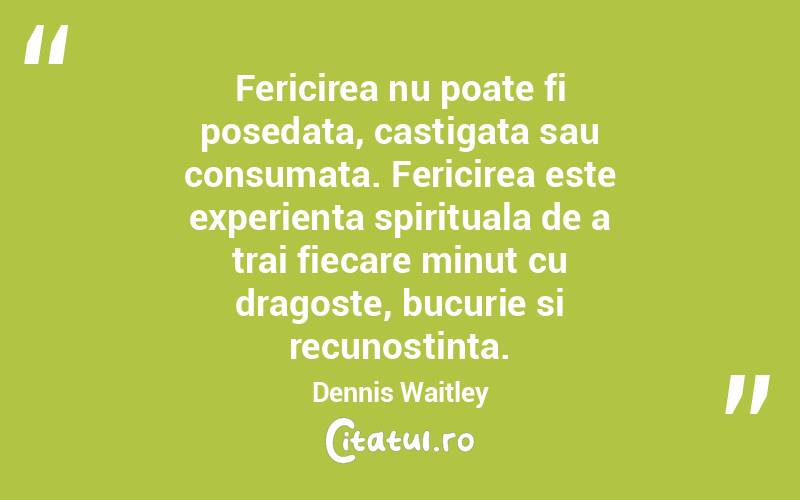 Fericirea nu poate fi posedata, castigata sau consumata. Fericirea este experienta spirituala de a trai fiecare minut cu dragoste, bucurie si recunostinta.  Dennis Waitley