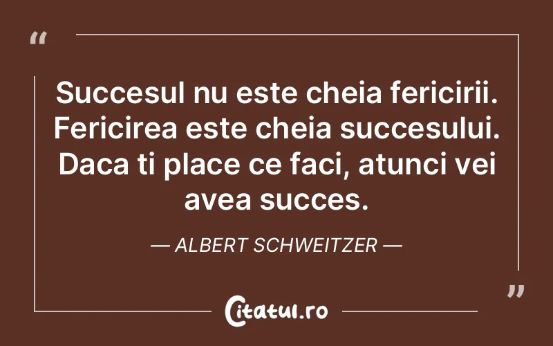 Succesul nu este cheia fericirii. Fericirea este cheia succesului. Daca ti place ce faci, atunci vei avea succes. Albert Schweitzer