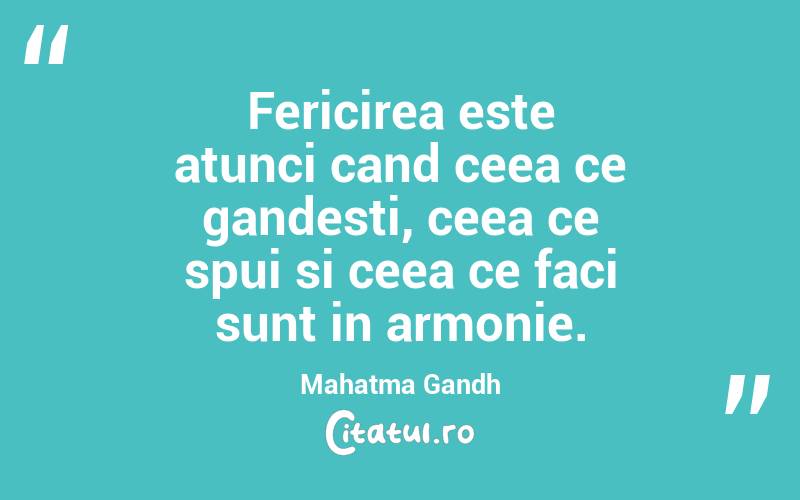 Fericirea este atunci cand ceea ce gandesti, ceea ce spui si ceea ce faci sunt in armonie. Mahatma Gandh
