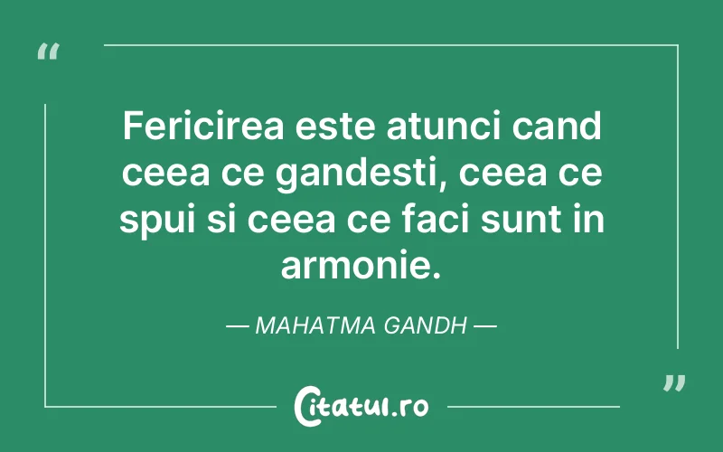 Fericirea este atunci cand ceea ce gandesti, ceea ce spui si ceea ce faci sunt in armonie. Mahatma Gandh