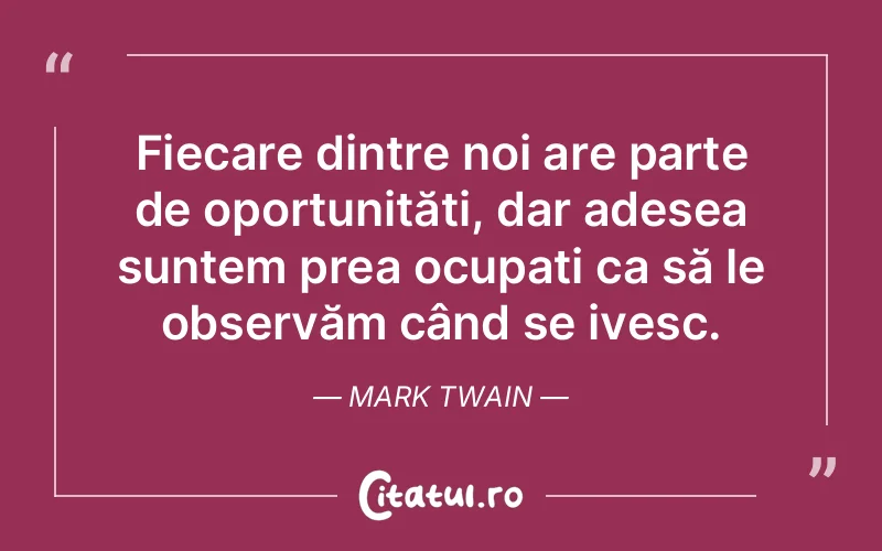 Fiecare dintre noi are parte de oportunități, dar adesea suntem prea ocupați ca să le observăm când se ivesc. Mark Twain
