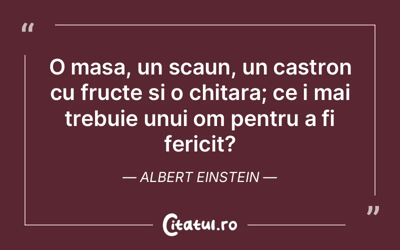 O masa, un scaun, un castron cu fructe si o chitara; ce i mai trebuie unui om pentru a fi fericit? Albert Einstein