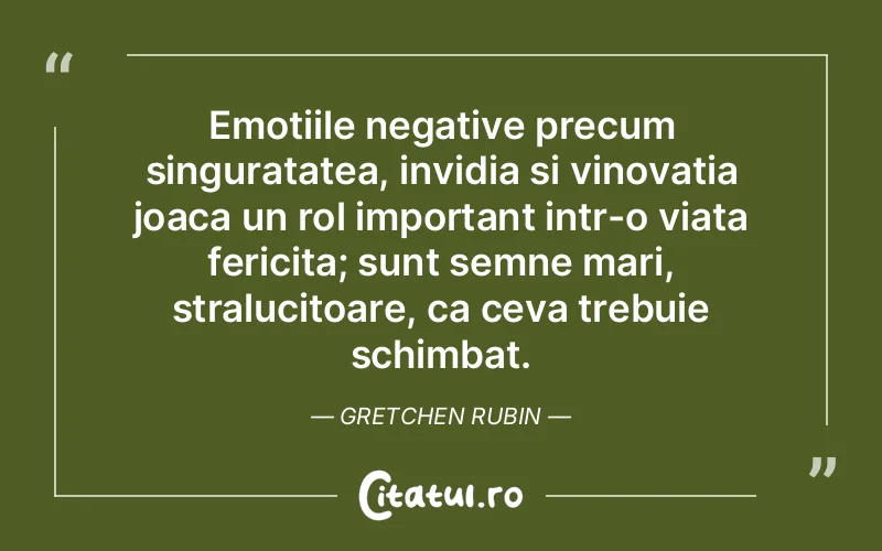 Emotiile negative precum singuratatea, invidia si vinovatia joaca un rol important intr-o viata fericita; sunt semne mari, stralucitoare, ca ceva trebuie schimbat. Gretchen Rubin