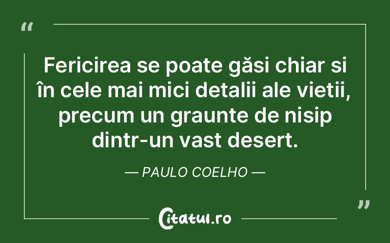 Fericirea se poate găsi chiar și în cele mai mici detalii ale vieții, precum un graunte de nisip dintr-un vast deșert. Paulo Coelho
