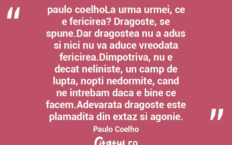 paulo coelhoLa urma urmei, ce e fericirea? Dragoste, se spune.Dar dragostea nu a adus si nici nu va aduce vreodata fericirea.Dimpotriva, nu e decat neliniste, un camp de lupta, nopti nedormite, cand ne intrebam daca e bine ce facem.Adevarata dragoste este plamadita din extaz si agonie. Paulo Coelho