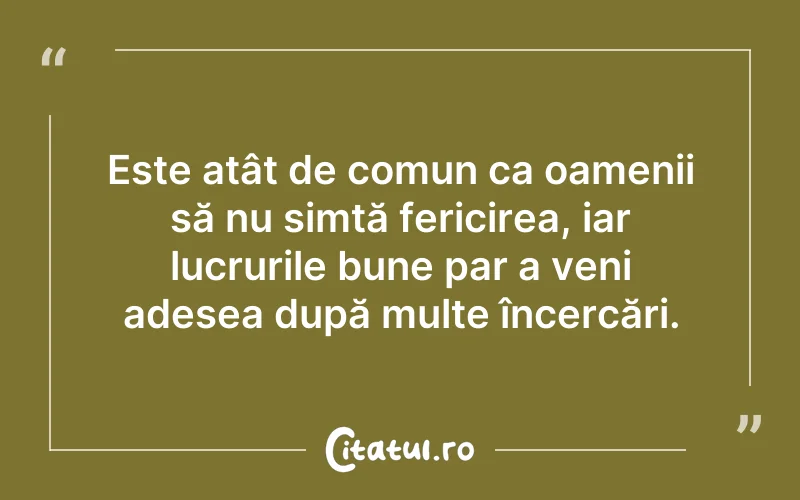 Este atât de comun ca oamenii să nu simtă fericirea, iar lucrurile bune par a veni adesea după multe încercări.