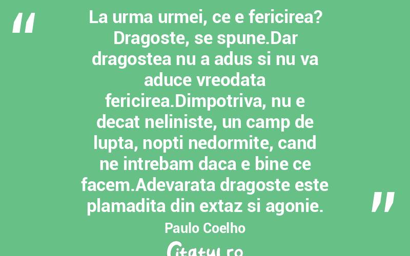 La urma urmei, ce e fericirea? Dragoste, se spune.Dar dragostea nu a adus si nu va aduce vreodata fericirea.Dimpotriva, nu e decat neliniste, un camp de lupta, nopti nedormite, cand ne intrebam daca e bine ce facem.Adevarata dragoste este plamadita din extaz si agonie. Paulo Coelho