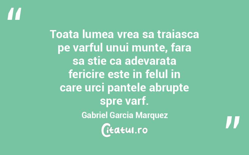 Toata lumea vrea sa traiasca pe varful unui munte, fara sa stie ca adevarata fericire este in felul in care urci pantele abrupte spre varf. Gabriel Garcia Marquez