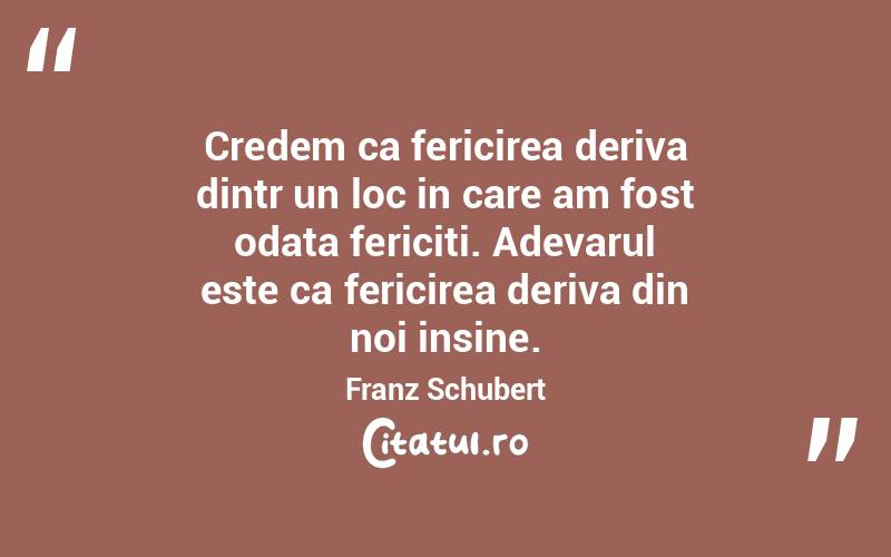 Credem ca fericirea deriva dintr un loc in care am fost odata fericiti. Adevarul este ca fericirea deriva din noi insine. Franz Schubert