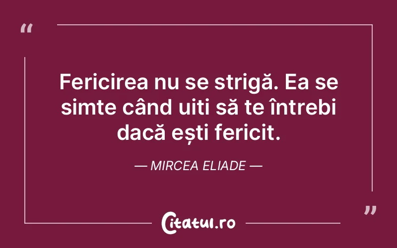Fericirea nu se strigă. Ea se simte când uiți să te întrebi dacă ești fericit. Mircea Eliade