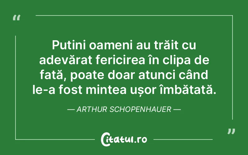 Puțini oameni au trăit cu adevărat fericirea în clipa de față, poate doar atunci când le-a fost mintea ușor îmbătată. Arthur Schopenhauer