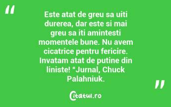 Este atat de greu sa uiti durerea, dar este si mai greu sa iti amintesti momentele bune. Nu avem cicatrice pentru fericire. Invatam atat de putine din liniste! “Jurnal, Chuck Palahniuk....