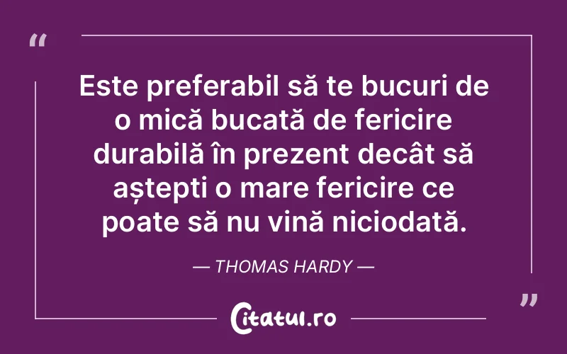 Este preferabil să te bucuri de o mică bucată de fericire durabilă în prezent decât să aștepți o mare fericire ce poate să nu vină niciodată. Thomas Hardy