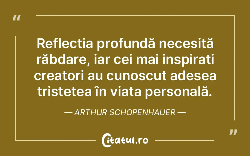 Reflecția profundă necesită răbdare, iar cei mai inspirați creatori au cunoscut adesea tristețea în viața personală. Arthur Schopenhauer