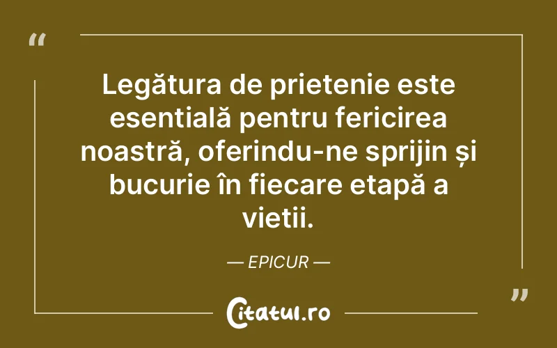 Legătura de prietenie este esențială pentru fericirea noastră, oferindu-ne sprijin și bucurie în fiecare etapă a vieții. Epicur