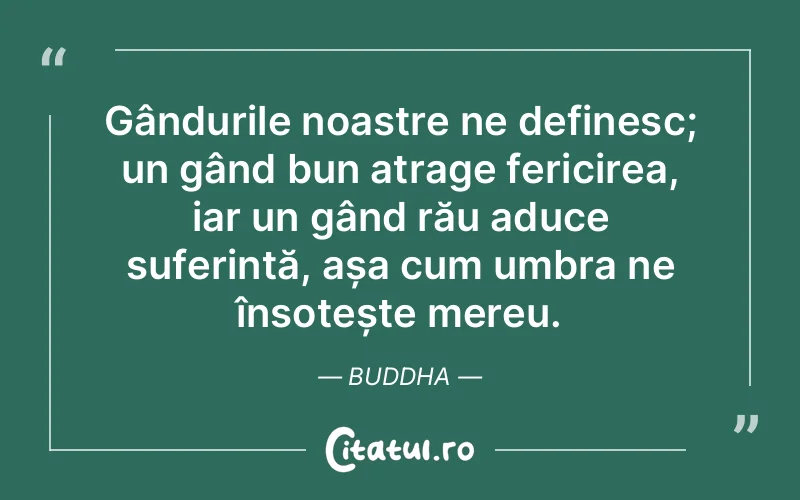 Gândurile noastre ne definesc; un gând bun atrage fericirea, iar un gând rău aduce suferință, așa cum umbra ne însoțește mereu. Buddha