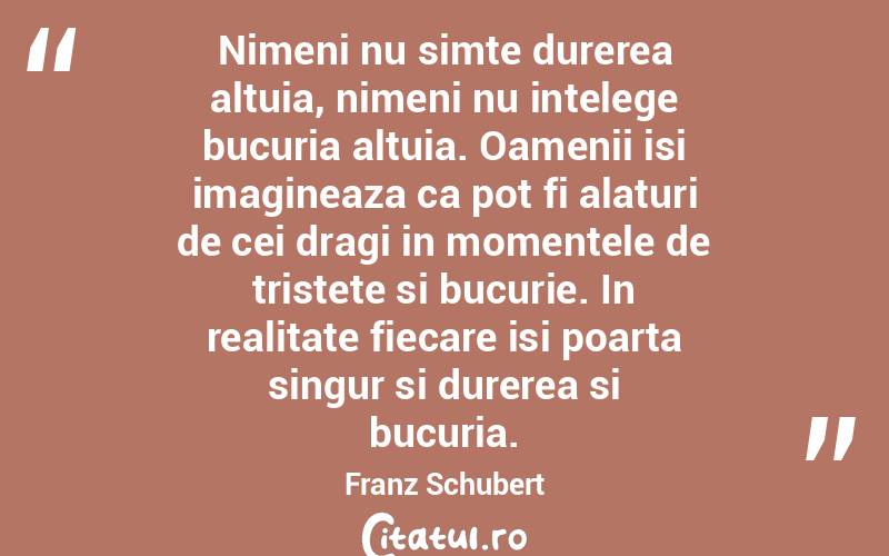 Nimeni nu simte durerea altuia, nimeni nu intelege bucuria altuia. Oamenii isi imagineaza ca pot fi alaturi de cei dragi in momentele de tristete si bucurie. In realitate fiecare isi poarta singur si durerea si bucuria. Franz Schubert
