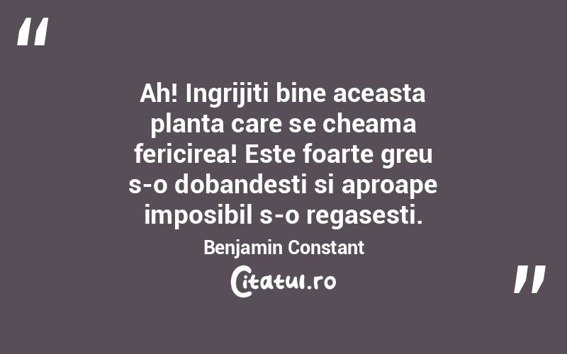 Ah! Ingrijiti bine aceasta planta care se cheama fericirea! Este foarte greu s-o dobandesti si aproape imposibil s-o regasesti. Benjamin Constant