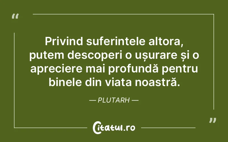 Privind suferințele altora, putem descoperi o ușurare și o apreciere mai profundă pentru binele din viața noastră. Plutarh