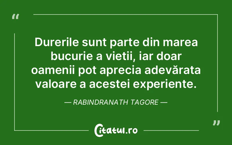 Durerile sunt parte din marea bucurie a vieții, iar doar oamenii pot aprecia adevărata valoare a acestei experiențe. Rabindranath Tagore