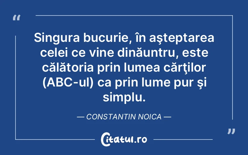 Singura bucurie, în aşteptarea celei ce vine dinăuntru, este călătoria prin lumea cărţilor (ABC-ul) ca prin lume pur şi simplu. Constantin Noica
