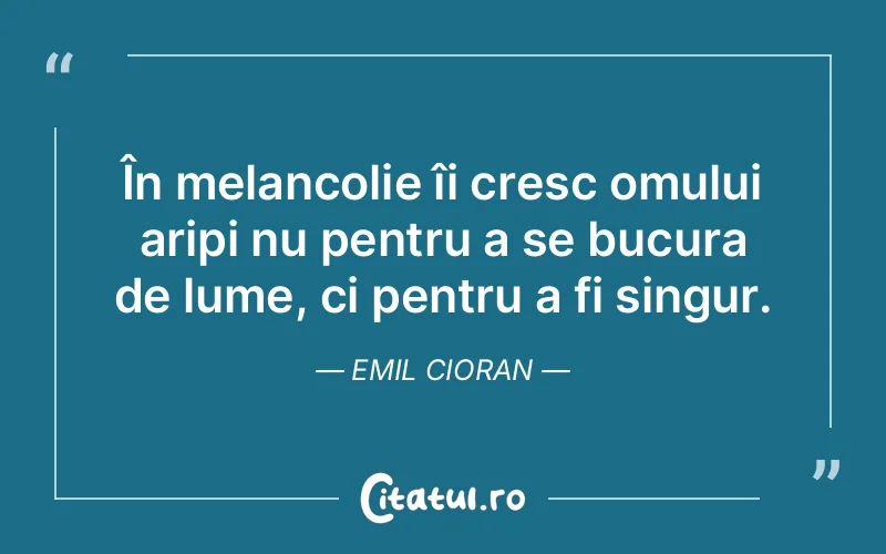 În melancolie îi cresc omului aripi nu pentru a se bucura de lume, ci pentru a fi singur. Emil Cioran