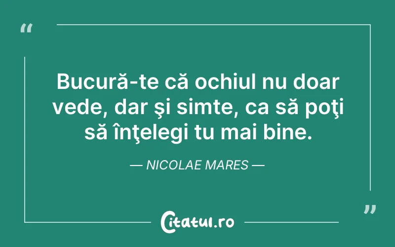 Bucură-te că ochiul nu doar vede, dar şi simte, ca să poţi să înţelegi tu mai bine. Nicolae Mares