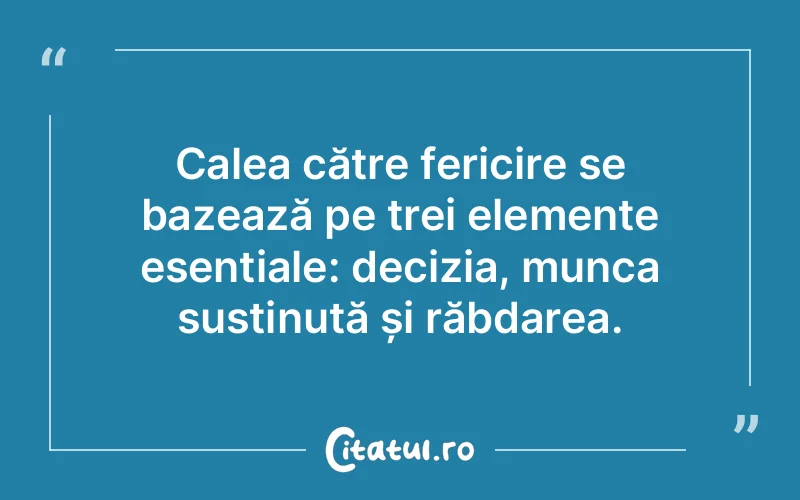 Calea către fericire se bazează pe trei elemente esențiale: decizia, munca susținută și răbdarea.